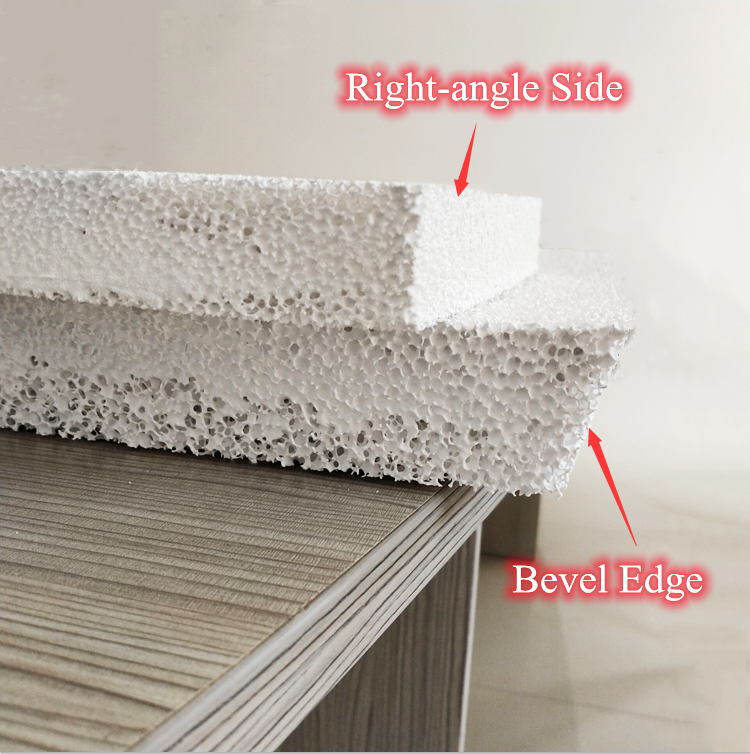 Right-angle side or bevel edge for ceramic foam filter